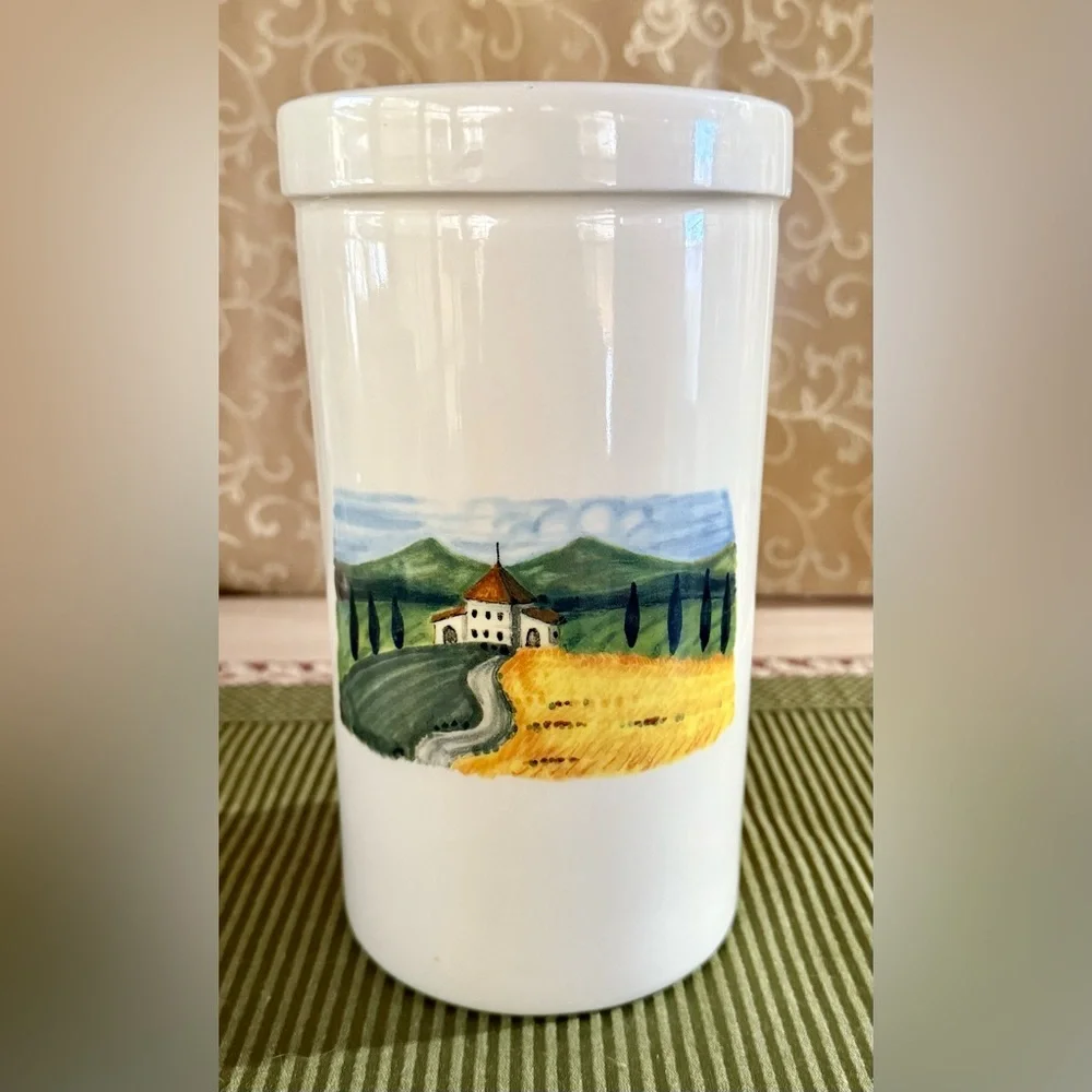 Sur La Table Ceramic Tuscan Countyside Utensil Crock Canister 9” Made In Italy
